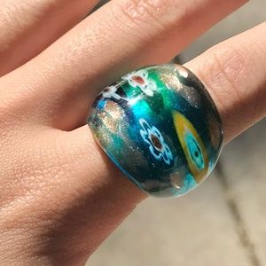 Vintage Y2K blue distorted floral ring